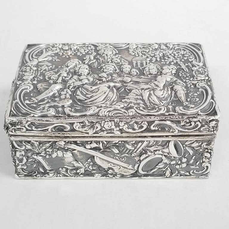 Antique hallmarked silver box with figural/ musical motif- 9 toz (as seen- holes/ wear) 2"H 5"W 3 (1 of 13)