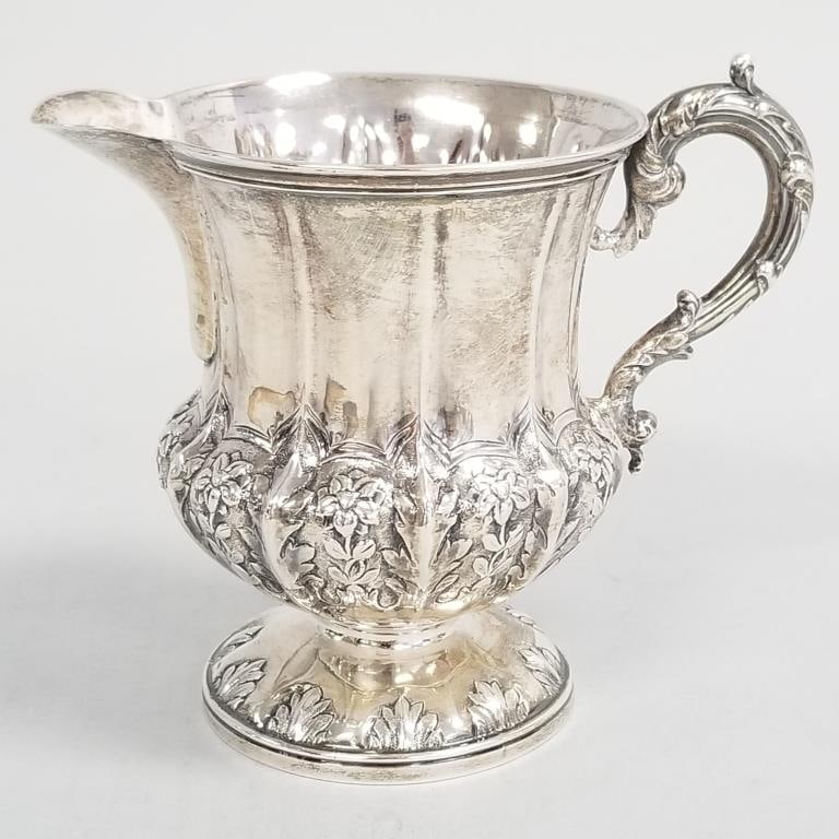 Antique hallmarked English sterling silver creamer 1837-8- 5 toz; 4 5/8"H 5 3/8"W: Antique hallmarked English sterling silver creamer 1837-8- 5 toz; 4 5/8"H 5 3/8"W