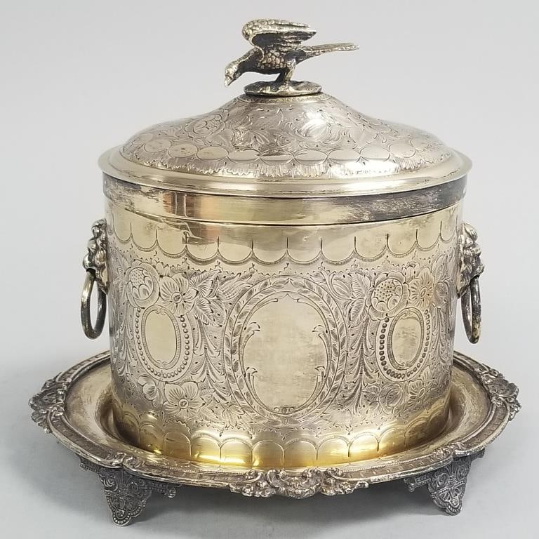 Ornate Victorian silverplate biscuit box with bird finial & lions heads with removable under plate- (1 of 15)