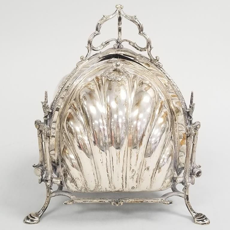 Antique Victorian triple folding silverplate biscuit box (lacking one pull) 9 1/2"H 8 1/2"W 8 1/2"D: Antique Victorian triple folding silverplate biscuit box (lacking one pull) 9 1/2"H 8 1/2"W 8 1/2"D
