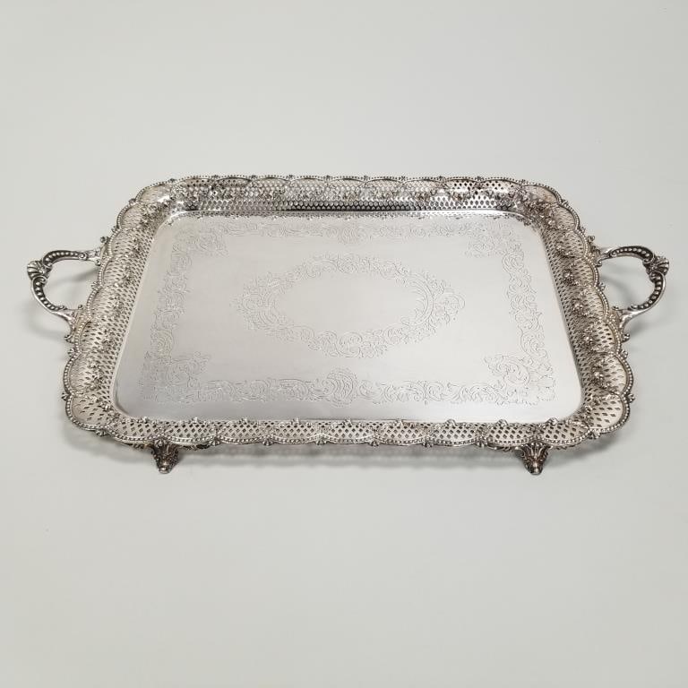 Large ornate silverplated copper tray with silver mounts & pierced rim- 7.1 lbs- 26 1/4"W 16 1/4"D: Large ornate silverplated copper tray with silver mounts & pierced rim- 7.1 lbs- 26 1/4"W 16 1/4"D