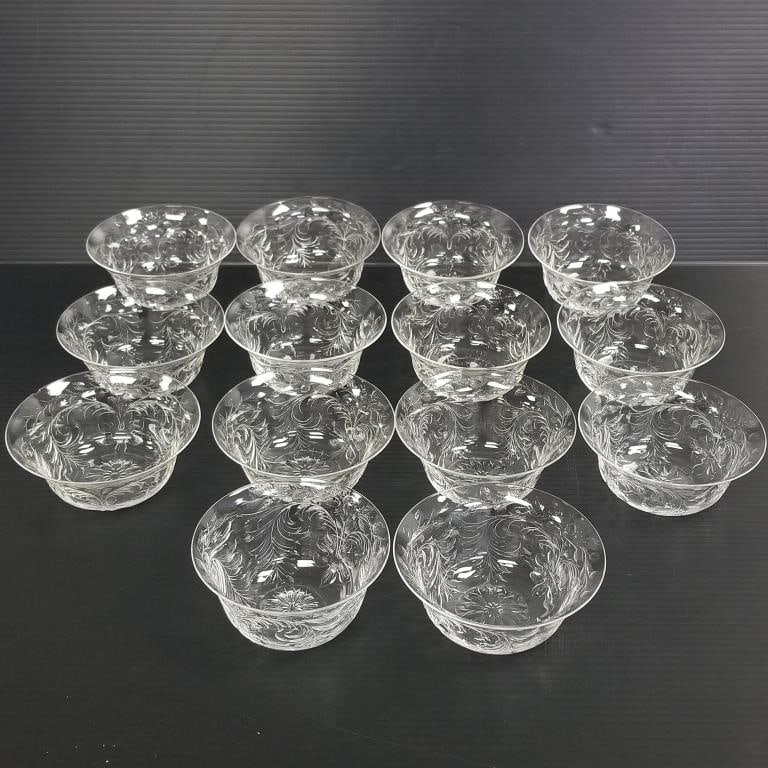14 Hawkes crystal bowls (1 signed) with wheel engraved rose pattern (1 with chip) approx. 2 1/4"H 5: 14 Hawkes crystal bowls (1 signed) with wheel engraved rose pattern (1 with chip) approx. 2 1/4"H 5 1/8"W; 1 is 4 3/4"W