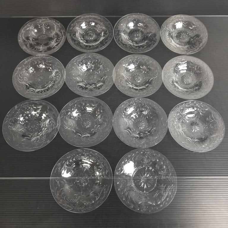 14 Hawkes crystal bowls (1 signed) with wheel engraved rose pattern - 1 is different- saucer type: 14 Hawkes crystal bowls (1 signed) with wheel engraved rose pattern - 1 is different- saucer type depression (1 chip) 6 3/4" to 6 7/8"D