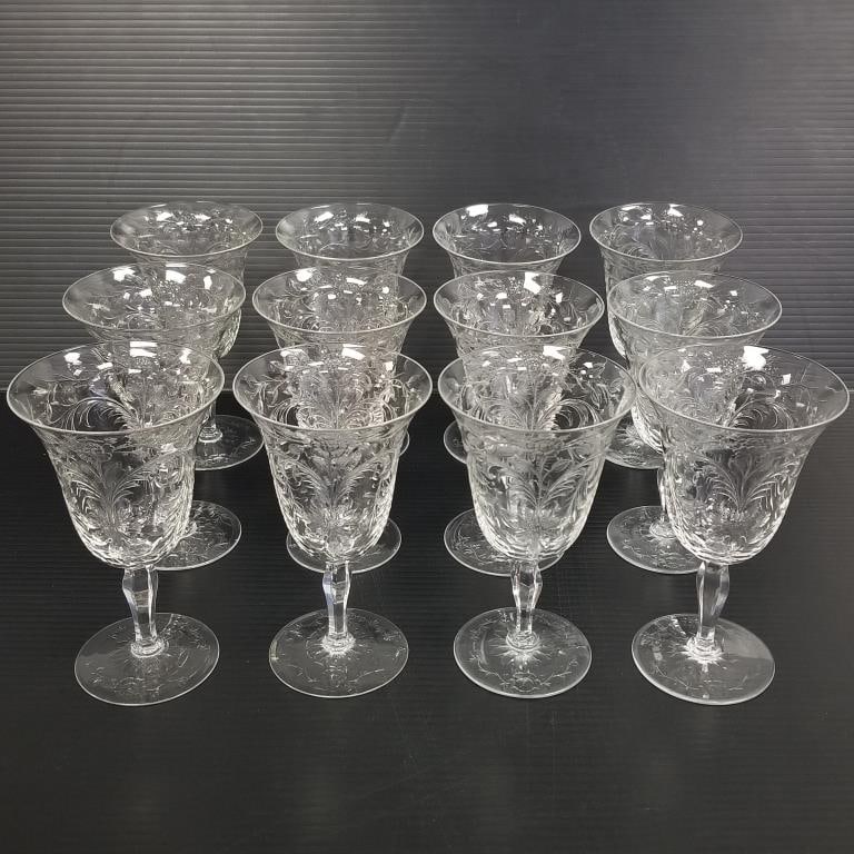 12 Hawkes (unmarked) crystal goblets with wheel engraved rose pattern- 1 with foot variation (3 have (1 of 16)