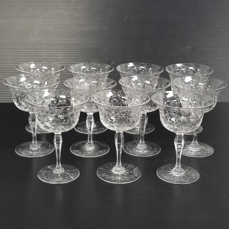 11 Hawkes (unmarked) crystal wine goblets with wheel engraved rose pattern (1 tiny rim chip) 4 7/8"H (1 of 12)