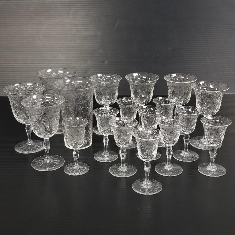 18 Hawkes crystal glasses (5 signed) with wheel engraved rose pattern- two 5"H; six 4 3/4"H; ten 3 (1 of 20)