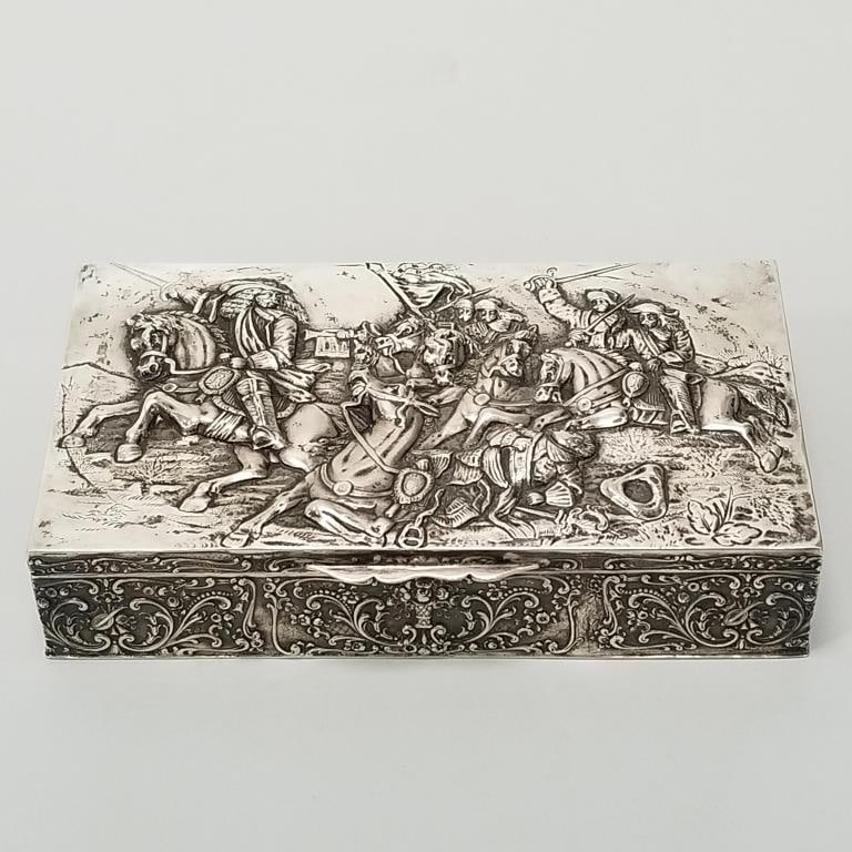 Large hallmarked Hanau silver box- 34 toz- equestrian battle scene- 2"H 9 1/4"W 5 1/4"D (1 of 15)