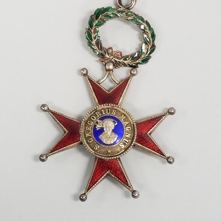 Antique papal enameled silver cross medal- Knights Commanders Cross- Order of St. Gregory w/ Tanfani: Antique papal enameled silver cross medal- Knights Commanders Cross- Order of St. Gregory w/ Tanfani & Bertarelli maker's mark in presentation case w/ ribbon- 2 1/4"W 4 3/4"L total length (minor ename