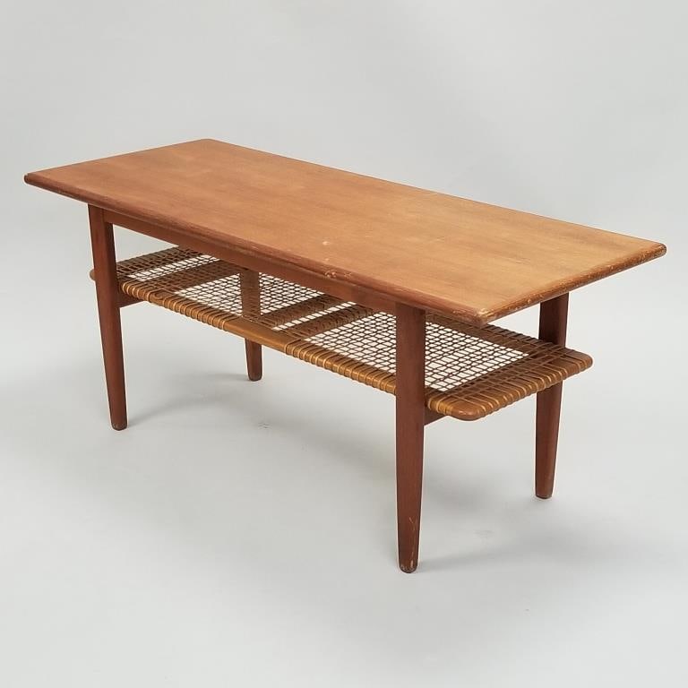 Teak mid-century coffee table with woven lower shelf (caning as is- some breaks) 21 3/4"H 50 3/4"W: Teak mid-century coffee table with woven lower shelf (caning as is- some breaks) 21 3/4"H 50 3/4"W 21"D
