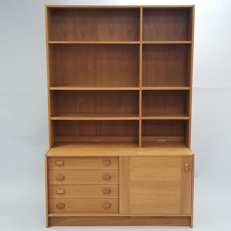 Domino Mobler Denmark teak 2-piece cabinet w/ sliding door & bookcase top- 72"H 48"W 19 1/2"D (1 of 13)