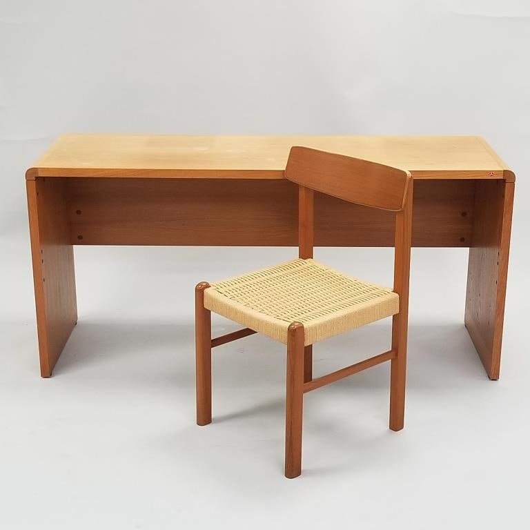 Scanform teak desk with K.D. Furniture woven seat teak chair (desk top finish worn) 28 1/2"H 60"W: Scanform teak desk with K.D. Furniture woven seat teak chair (desk top finish worn) 28 1/2"H 60"W 20"D