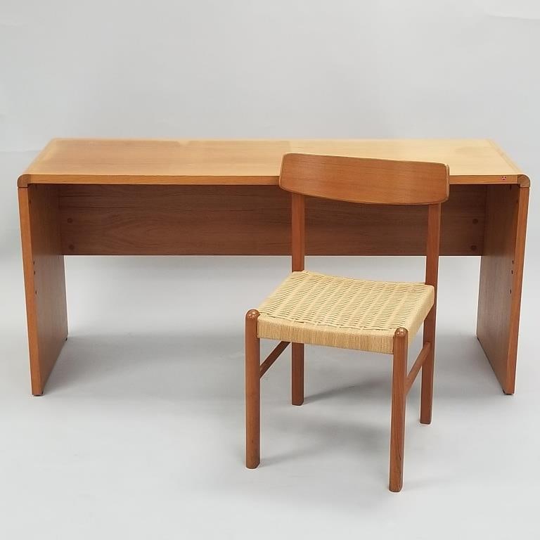 Scanform teak desk with K.D. Furniture woven seat teak chair (desk top finish worn) 28 1/2"H 60"W: Scanform teak desk with K.D. Furniture woven seat teak chair (desk top finish worn) 28 1/2"H 60"W 20"D