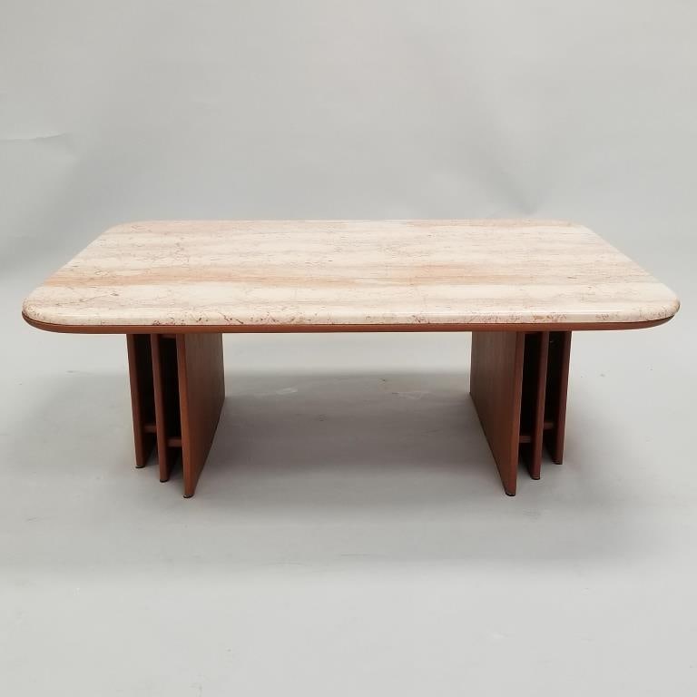 Unique mid-century marble top table with teak base- 17 1/2"H 48"W 36"D: Unique mid-century marble top table with teak base- 17 1/2"H 48"W 36"D