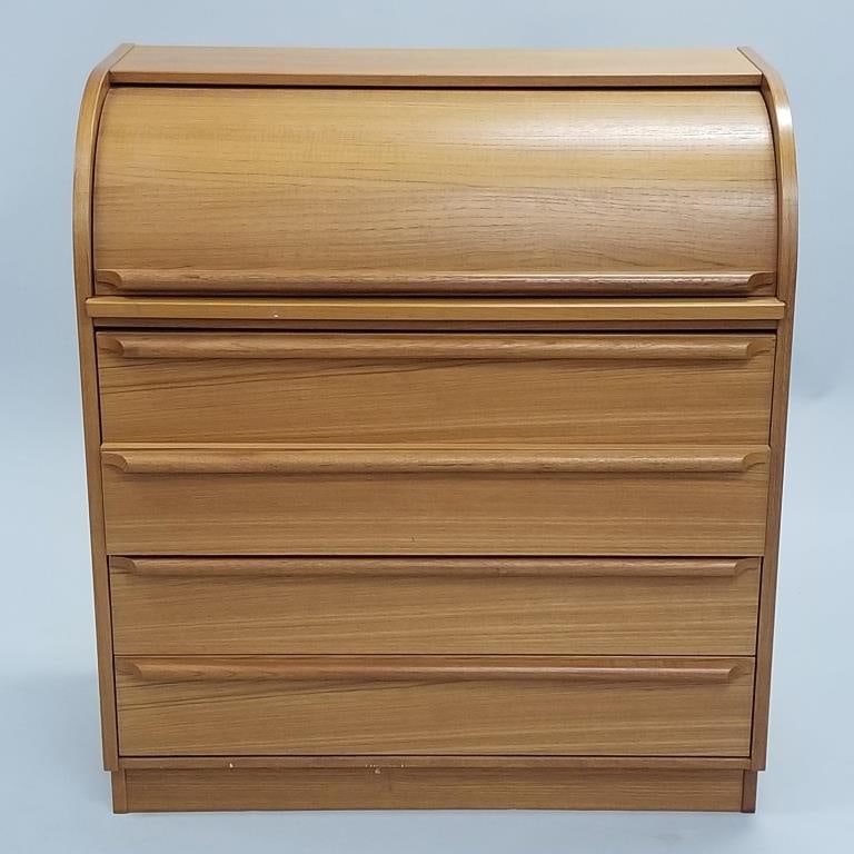 Teak roll top desk with drawers & pull-out writing surface- 39 1/4"H 35 1/2"W 18 1/2"D: Teak roll top desk with drawers & pull-out writing surface- 39 1/4"H 35 1/2"W 18 1/2"D
