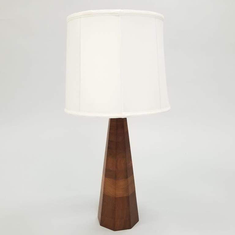 Martz (?) wooden lamp with finial (unsigned)- 33"H 16"D (shade): Martz (?) wooden lamp with finial (unsigned)- 33"H 16"D (shade)
