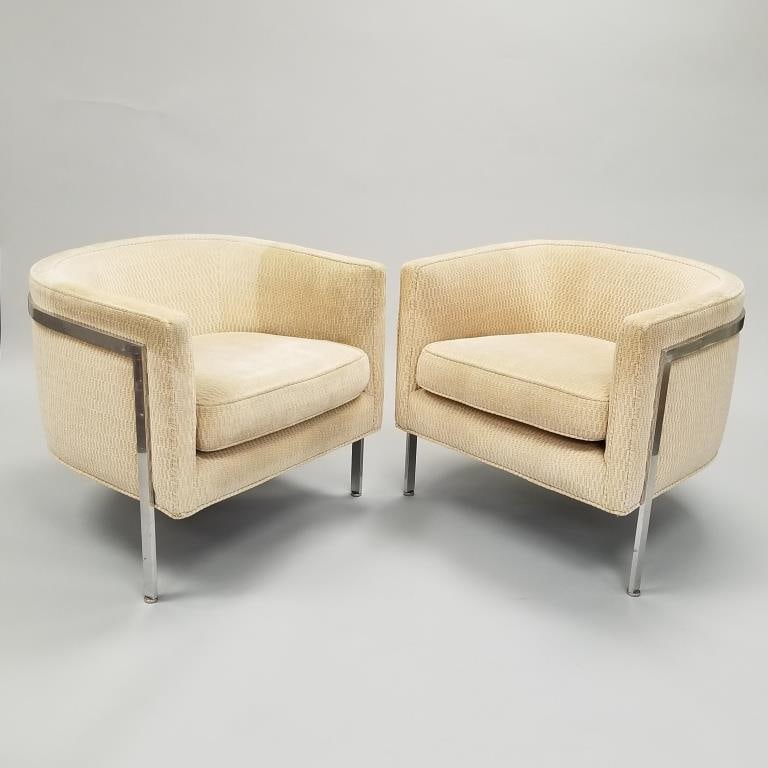 Pair Harvey Probber designer mid-century modern chrome & upholstered barrel chairs with armrest: Pair Harvey Probber designer mid-century modern chrome & upholstered barrel chairs with armrest upholstered covers (minor wear to arms ends & with overall sun fading) 27"H 28 1/2"W 29 1/2"D