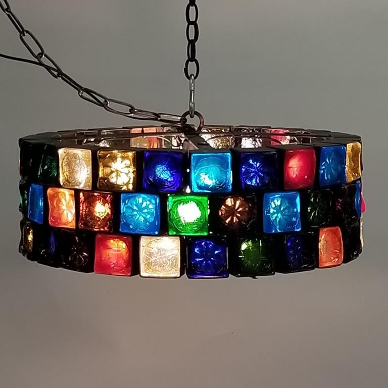 Felipe Delfinger (attribution) chandelier with brutalist metal squares with multi-hued thick stain (1 of 13)