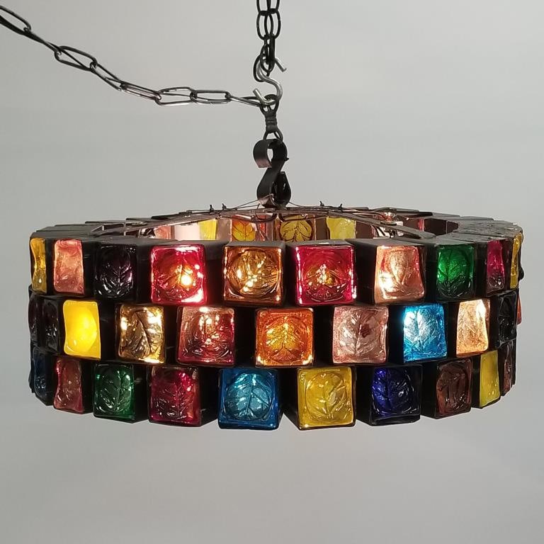 Felipe Delfinger (attribution) chandelier with brutalist metal squares with multi-hued thick stain (1 of 13)