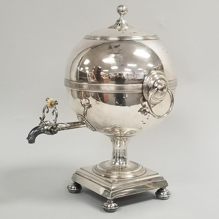 Antique Sheffield silverplated samovar tea urn- 16 1/2"H 10 1/2"W 12"D (some dents): Antique Sheffield silverplated samovar tea urn- 16 1/2"H 10 1/2"W 12"D (some dents)