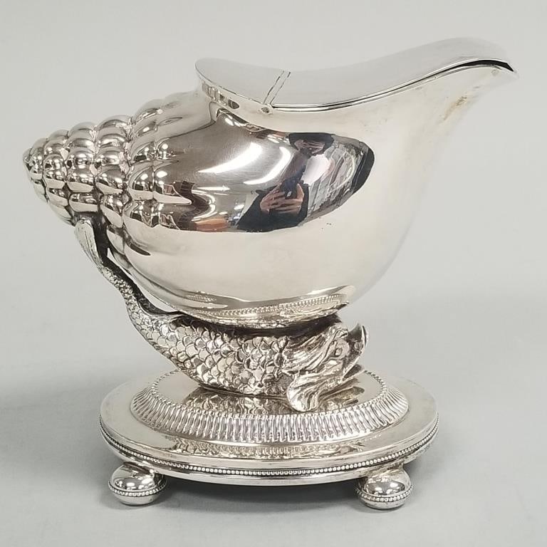 Sheffield silverplated dolphin motif spoon warmer- 6 1/4"H 7"W 3 3/4"D (1 of 13)