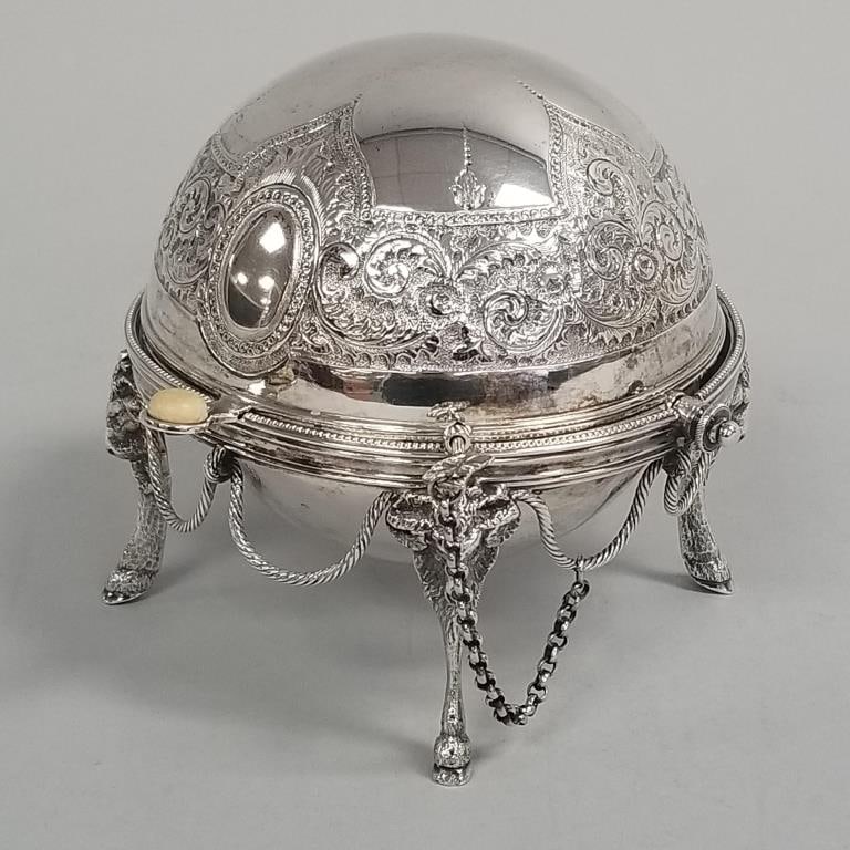 Ornate Victorian Sheffield silverplated roll top butter with ram heads- 5"H 6 1/2"W 6 1/2"D (1 of 17)