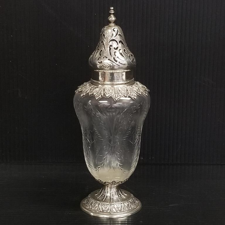Durqin sterling silver & wheel engraved crystal muffineer- 8 1/2"H 3 1/4"W: Durqin sterling silver & wheel engraved crystal muffineer- 8 1/2"H 3 1/4"W