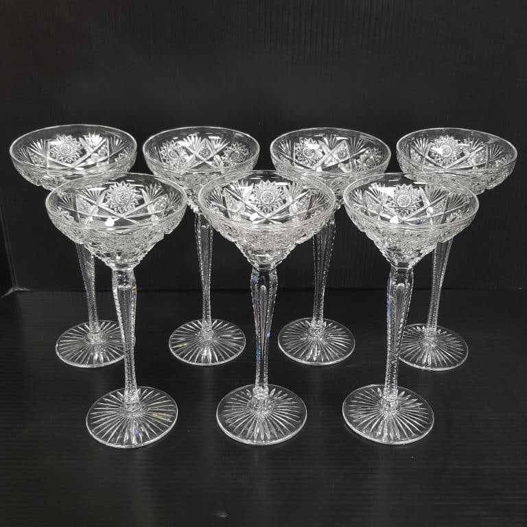 7 brilliant cut glass champagnes (1 base chip) 8 3/4"H (1 of 14)