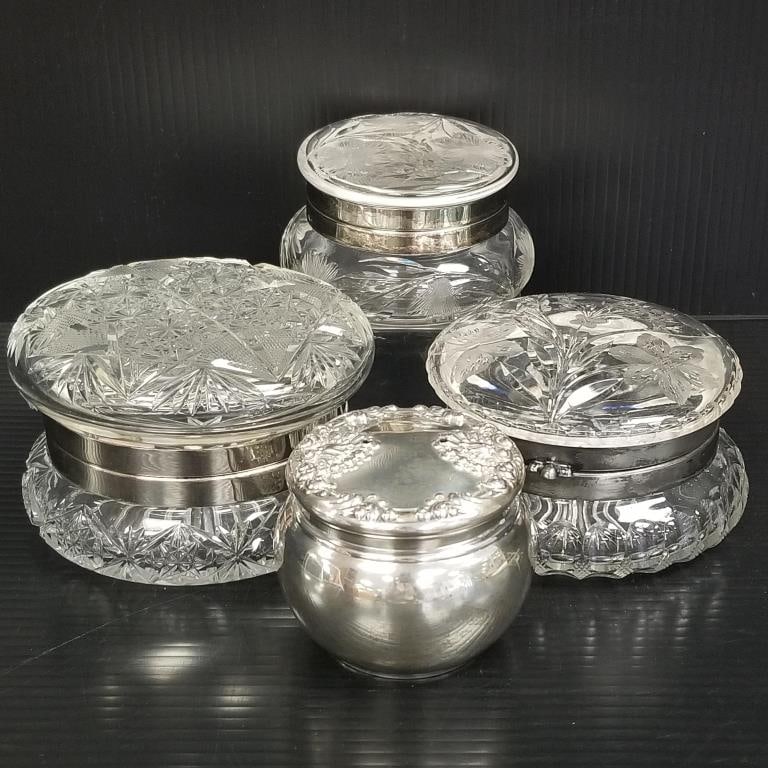 4 sterling silver & glass powder boxes, etc.- 4 toz (sterling lid worn/ holes) 3 1/2"H 5 1/2"D (1 of 18)