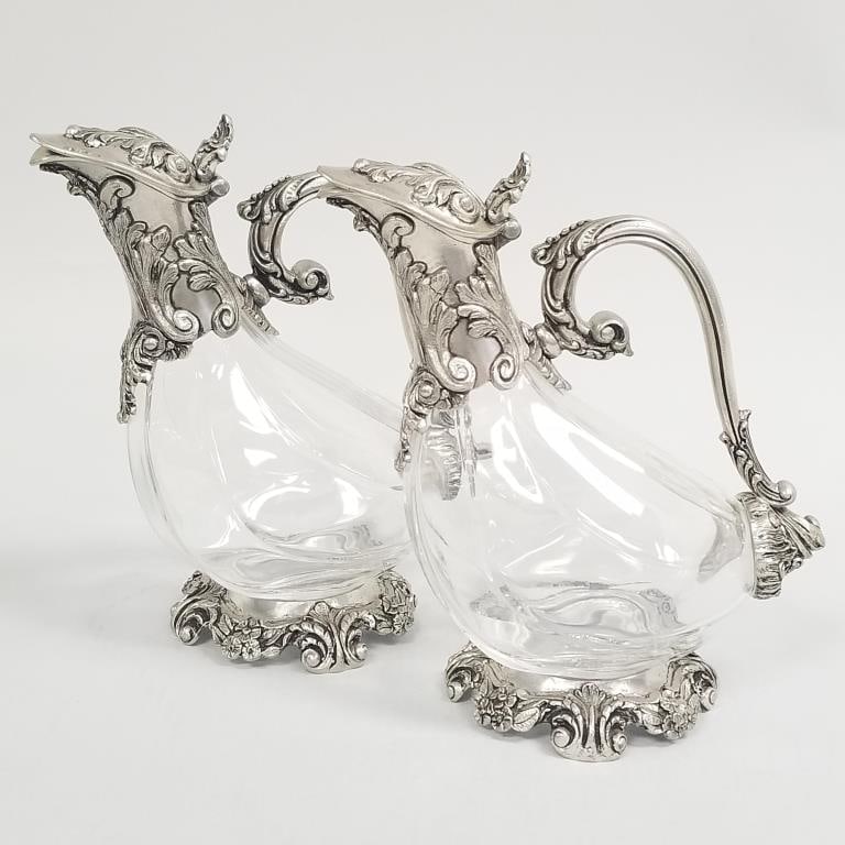 2 Italian pewter mounted glass claret jugs- 9 1/2"H 8"W 4 3/4"D: 2 Italian pewter mounted glass claret jugs- 9 1/2"H 8"W 4 3/4"D