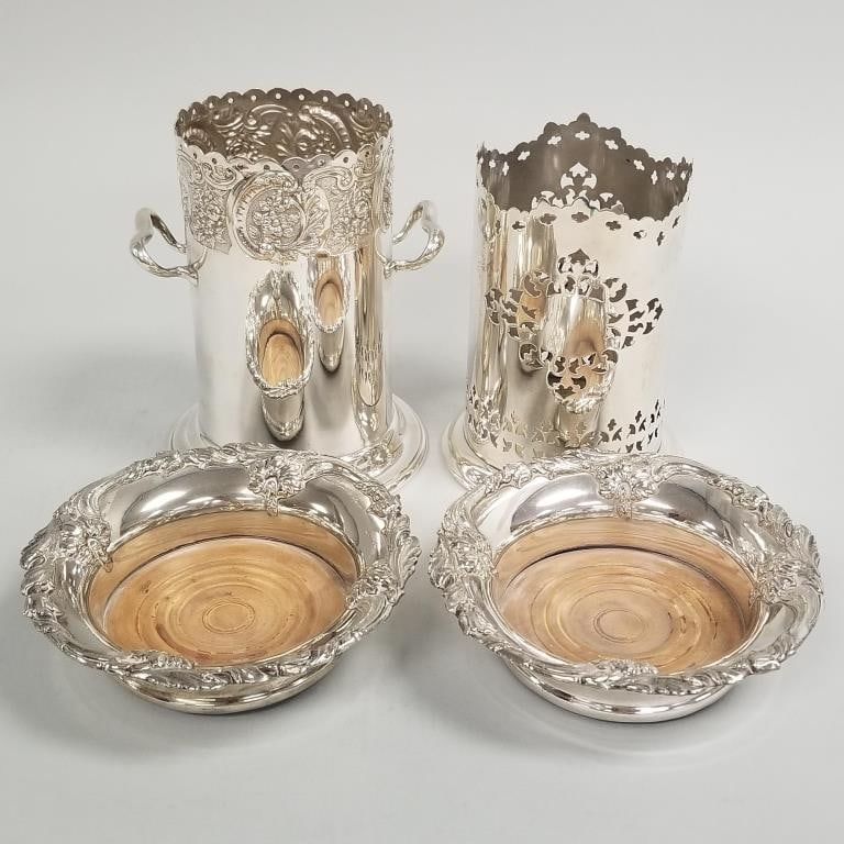 2 silverplate bottle caddies & 2 silverplate bottle coasters- 7 1/2"H 6"W 5 3/4"D largest (1 of 20)