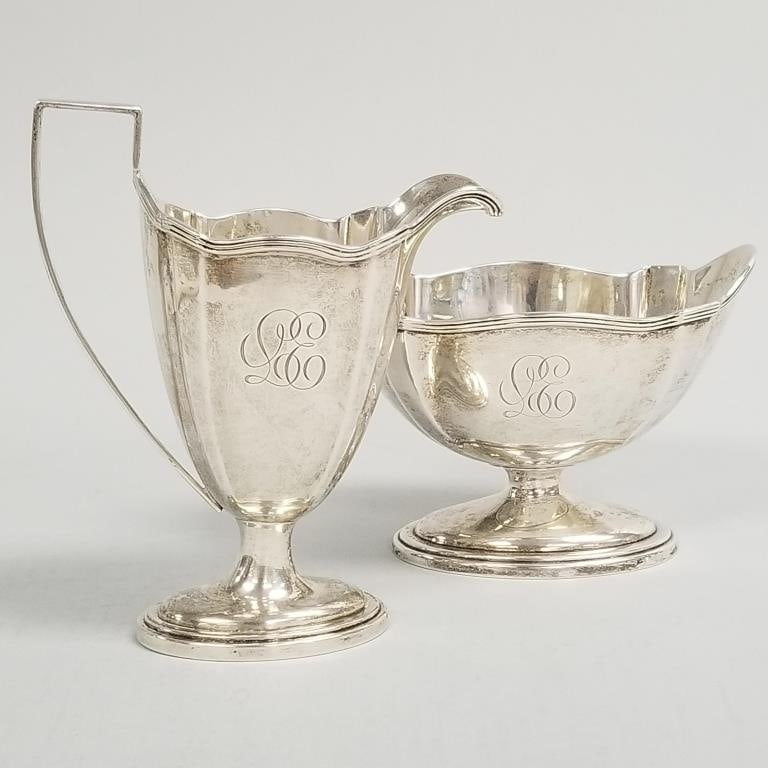 Gorham sterling silver sugar & creamer- 11 toz total with monogram- 6"H 5"W 2 5/8"D largest: Gorham sterling silver sugar & creamer- 11 toz total with monogram- 6"H 5"W 2 5/8"D largest