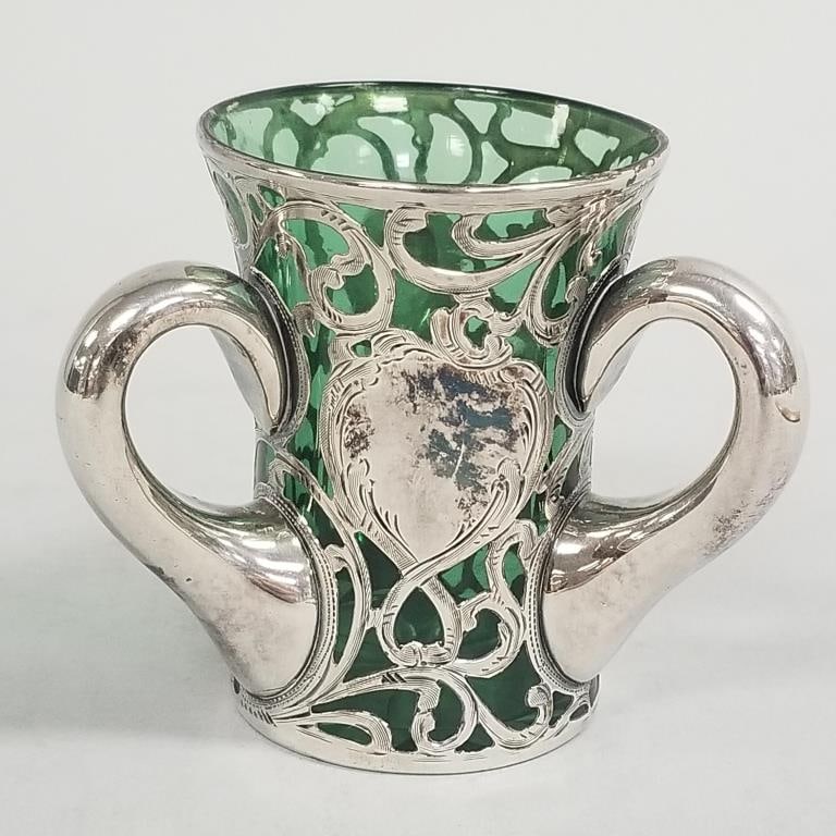 Antique .999 silver overlay green glass loving cup 3"H 3 1/4"W 3 1/2"D (1 of 13)