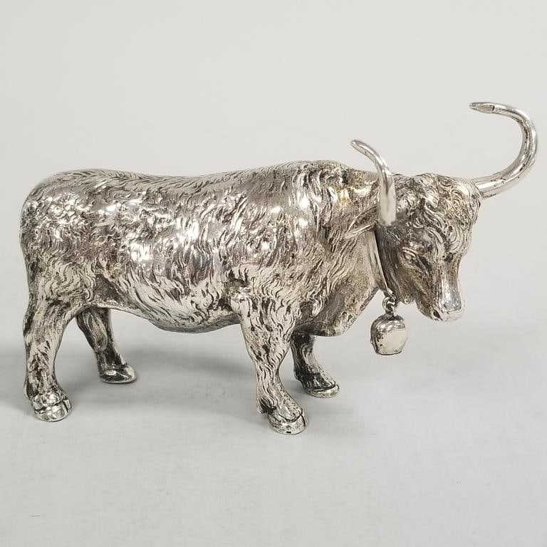 French hallmarked 800 silver bovine figure- 5 toz 3"H 4 1/2"W 1 3/4"D: French hallmarked 800 silver bovine figure- 5 toz 3"H 4 1/2"W 1 3/4"D