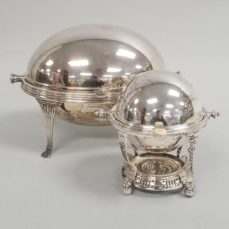 2 silverplate roll top serving pieces: domed well & tree & a butter with paw feet- 8"H 11 1/2"W 9"D (1 of 20)