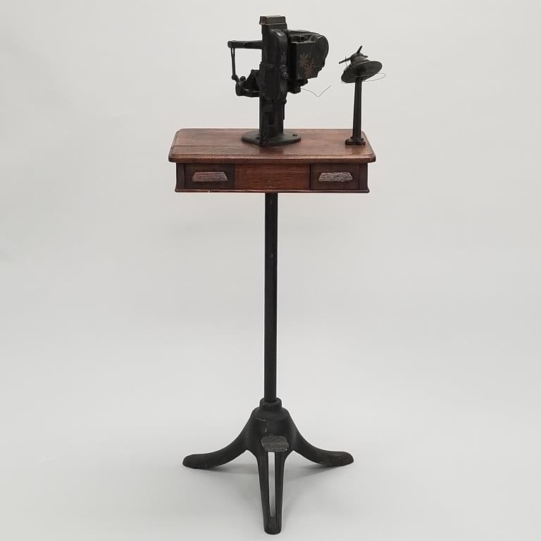 Elliott Button Fastener Co. machine on oak stand with 2 drawers- 49"H 20"W 14"D (1 of 17)