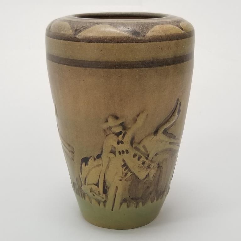 University of North Dakota School of Mines- signed JM 133 (Julia Mattson) vase with cowboy (1 of 10)