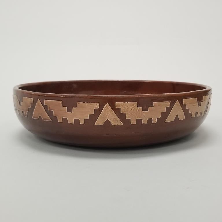 American Horse signed SP. RC. SD large low pottery bowl with raised geometric design- 3 3/8"H 13: American Horse signed SP. RC. SD large low pottery bowl with raised geometric design- 3 3/8"H 13 3/8"D