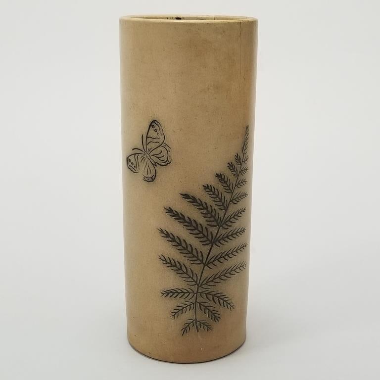 Stoneware cylinder vase- marked No. 8 with butterfly decoration (as is- hairlines, chips, etc.) (1 of 11)