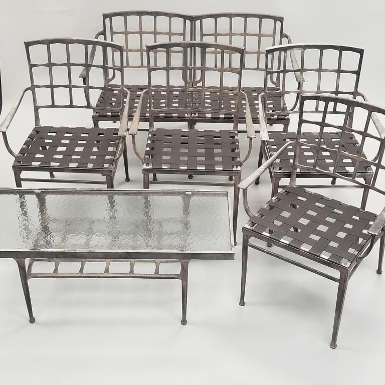 Vintage mid-century style cast aluminum patio set: settee, 4 arm chairs & glass top coffee table- 29: Vintage mid-century style cast aluminum patio set: settee, 4 arm chairs & glass top coffee table- 29 1/2"H 47"W 25"D settee O.D.