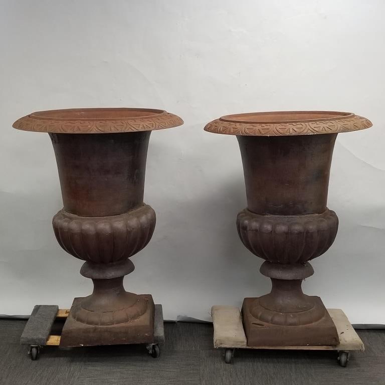 Pair large monumental heavy cast iron garden urns- 48"H 35"D (very heavy- over 300 lbs each- please: Pair large monumental heavy cast iron garden urns- 48"H 35"D (very heavy- over 300 lbs each- please bring help to load)