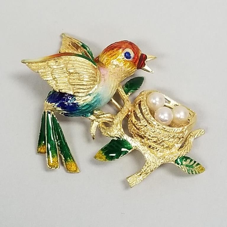 14K gold Italian bird brooch with enamel & pearls- 8.6g, 1 3/4"L (some enamel loss): 14K gold Italian bird brooch with enamel & pearls- 8.6g, 1 3/4"L (some enamel loss)
