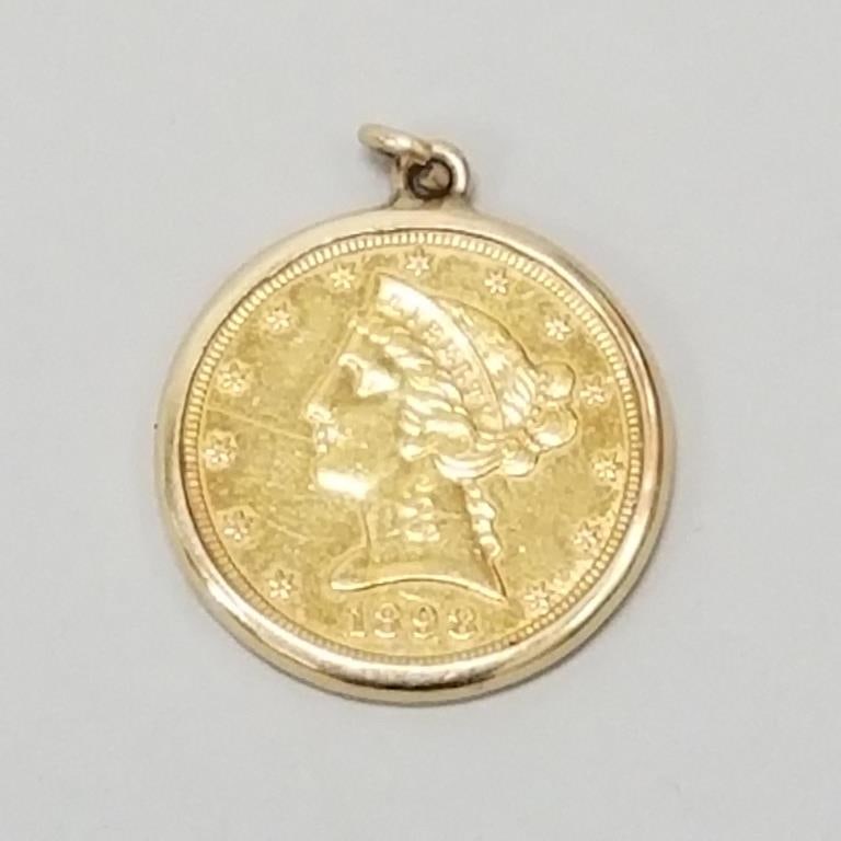 U.S. 1898 S - $5 Liberty gold coin in 14K bezel- 9.9g total: U.S. 1898 S - $5 Liberty gold coin in 14K bezel- 9.9g total