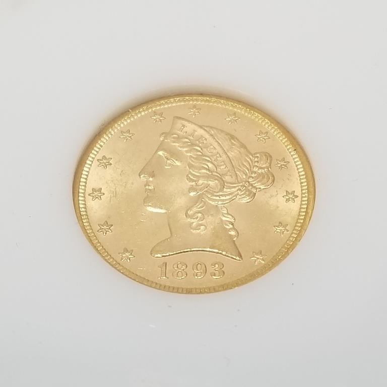 U.S. 1893 $5 gold coin- graded MS63 (1 of 6)
