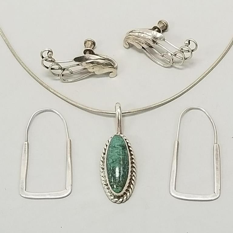 3 pieces sterling silver jewelry: signed Chimney Butte turquoise necklace & 2 pair of earrings- 16"L: 3 pieces sterling silver jewelry: signed Chimney Butte turquoise necklace & 2 pair of earrings- 16"L necklace, 1 1/4"L pendant incl bail