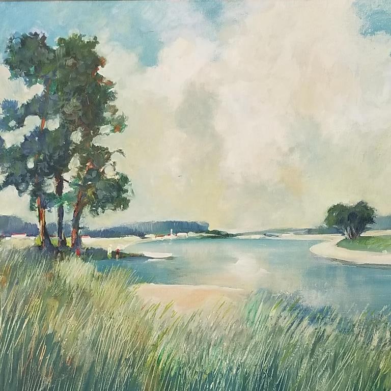 Kallas '68 signed oil painting on canvas- landscape with water- 21 1/2"H 27 1/2"W framed OD: Kallas '68 signed oil painting on canvas- landscape with water- 21 1/2"H 27 1/2"W framed OD