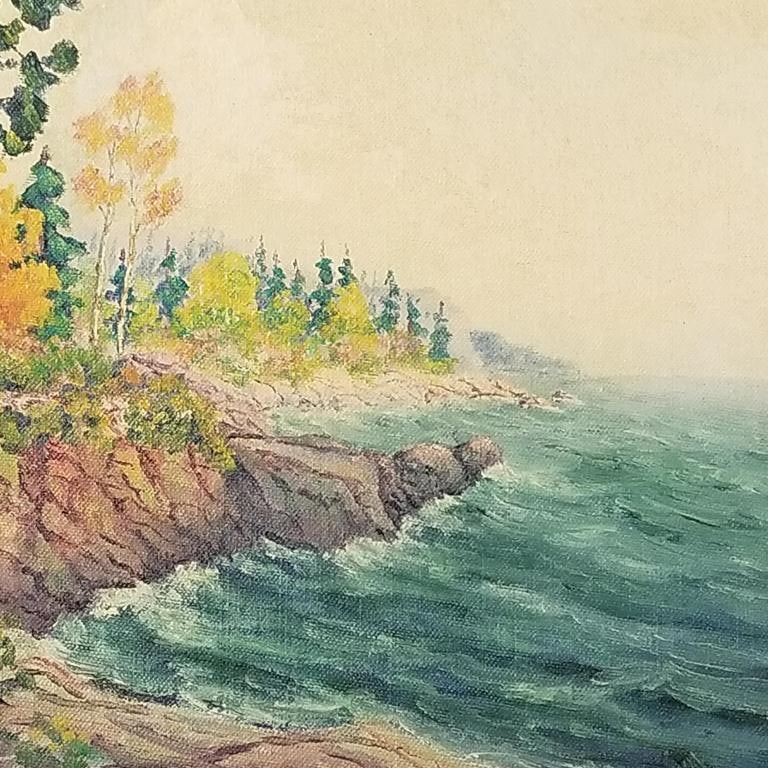 Vintage Mac Seager signed oil painting on panel- Fall on North Shore Lake Superior- 15 3/4"H 18: Vintage Mac Seager signed oil painting on panel- Fall on North Shore Lake Superior- 15 3/4"H 18 3/4"W framed OD