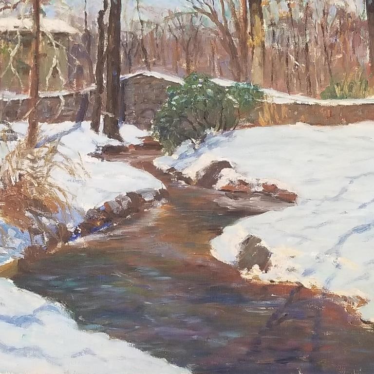 Jaffrey Harris signed oil painting on canvas- landscape with stream & bridge- 24 3/4"H 29"W framed: Jaffrey Harris signed oil painting on canvas- landscape with stream & bridge- 24 3/4"H 29"W framed OD