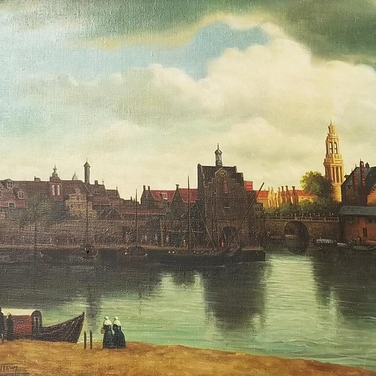 Signed oil painting on canvas- European canal scene- 20"H 28"W framed OD (1 of 11)