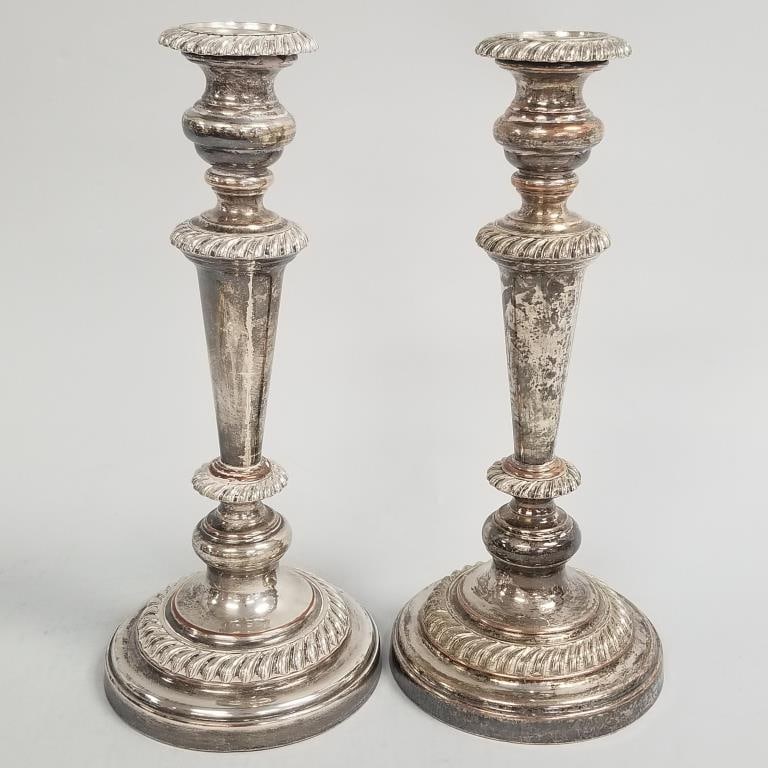 2 antique Sheffield plated candlesticks- 12 1/4"H, 5 1/2"W (1 of 11)