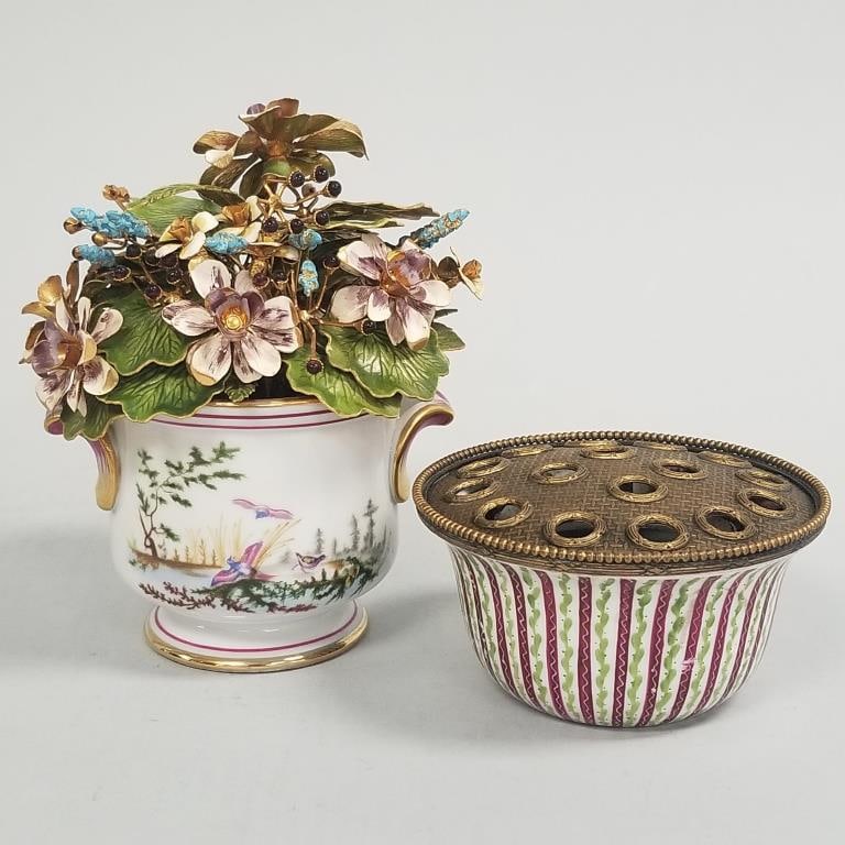 Jane Hutcheson "Fleurs des Siecles" enameled metal sculpture & a French style flower frog- 6 1/2"H 5: Jane Hutcheson "Fleurs des Siecles" enameled metal sculpture & a French style flower frog- 6 1/2"H 5 1/2"W larger